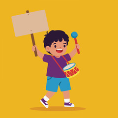 Young boy marches with a drum and protest sign