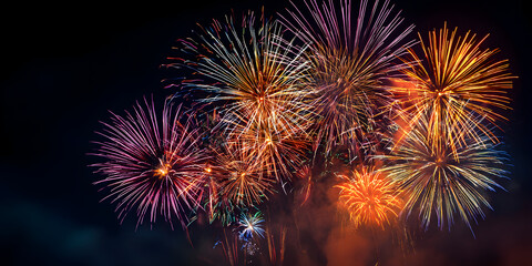 Obraz premium Vibrant fireworks exploding in the night sky, illuminating the darkness with a dazzling display of color and light