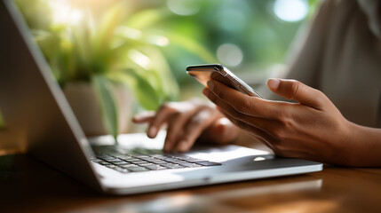 Mobile banking and e learning: Hands using phone while working on laptop online learning platforms mobile banking applications digital lifestyle integration home office setup