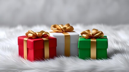 Two beautifully wrapped holiday gift boxes in red and green, adorned with shimmering gold ribbon bows, sitting on a soft, fluffy white background.
