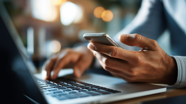 Mobile banking and e learning: Hands using phone while working on laptop online learning platforms mobile banking applications digital lifestyle integration home office setup