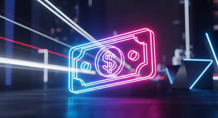 Neon money icon glowing brightly in futuristic cityscape with streaking lights
