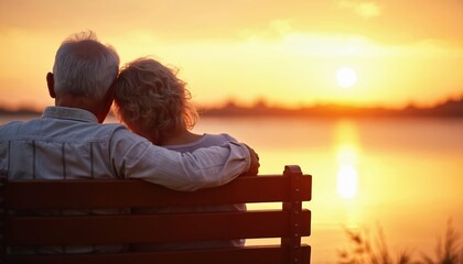 Elderly couple sits on park bench watching sunset over water. Woman rests head on husband shoulder. Love and togetherness in warm golden hour light.