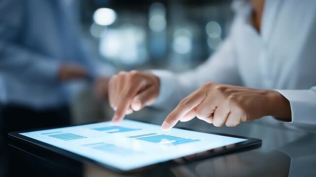Hands pointing at interactive audit dashboards on a tablet, displaying graphs and charts, symbolizing digital auditing, financial data accuracy, modern compliance verification, and advanced methods - Powered by Adobe