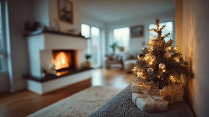 Cozy living room adorned with a Christmas tree and warm fireplace in the background during the holiday season