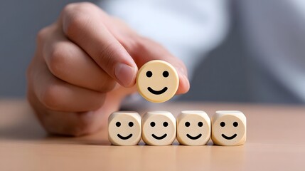 Close-up of a person's hand arranging a row of wooden cubes with smiley face expressions, symbolizing positivity, teamwork, and employee engagement in the workplace.