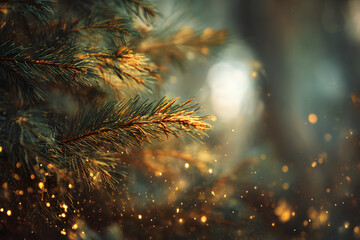 A detailed view of a pine tree branch with golden fairy lights twinkling, evoking a warm and enchanting winter holiday feeling