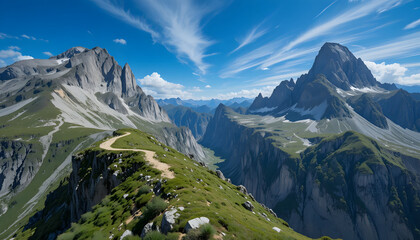 Narrow mountain trail winding along cliffside between granite peaks and alpine grass