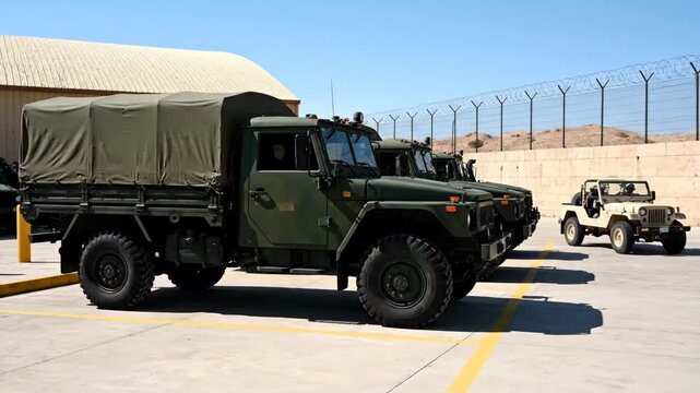 Military Vehicles Parked in an Army Base with Clear Blue Sky