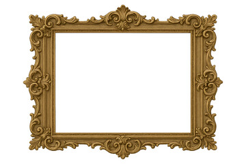 Ornate, decorative gold picture frame with intricate details and a blank white center, isolated on a white background.