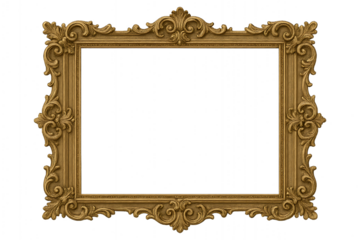 Ornate, decorative gold picture frame with intricate details and a blank white center, isolated on a white background.