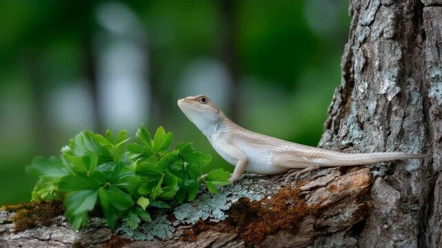 A lizard, light brown with a white underbelly, perches on a mossy, lichen-covered branch with lush green foliage and tree bark in the background