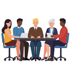 A diverse group of business professionals seated around a conference table, collaborating and discussing ideas.