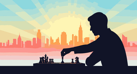 Flat Vector Chess Strategy with City Skyline