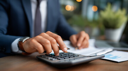 Financial planning and analysis: Business professional using calculator for accounting man in suit working with financial documents budget planning tools tax calculation