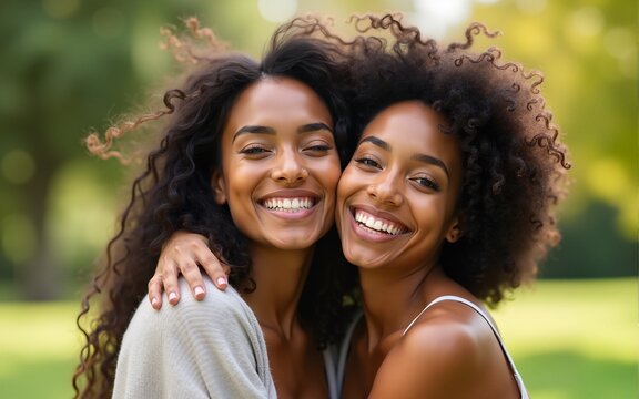 Close-up of two multiethnic happy pretty woman friends hugging each other in the park. High quality