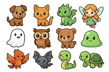 Cute cartoon animals and fantasy characters collection