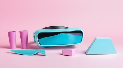 VR headset in studio with abstract shapes on pink backdrop futuristic scene