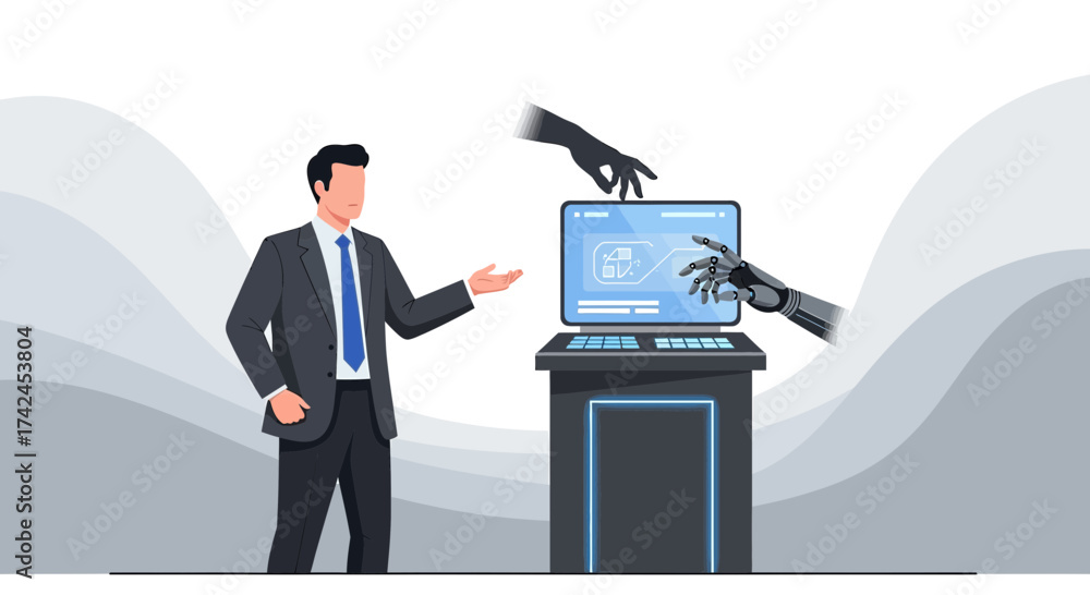 Wall mural collaboration of humans and artificial intelligence using computer technology showcasing robotic