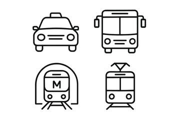 Fototapeta premium Simple line icons of transportation vehicles: car, bus, subway, tram