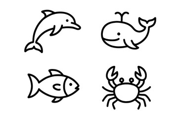 Minimalist line art of marine animals: dolphin, whale, fish, crab