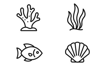 Minimalist ocean icons: coral, seaweed, fish, and shell illustrations