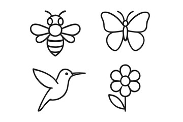 Obraz premium Outline illustrations of bee, butterfly, hummingbird, and flower icons