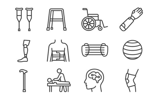 Collection of mobility aids and therapy tools for rehabilitation and physical therapy