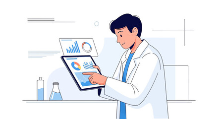 Scientist analyzing data on a tablet in a lab environment showcasing medical research and