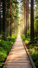 Obraz premium Wooden boardwalk path leads into sunlit, vibrant green forest