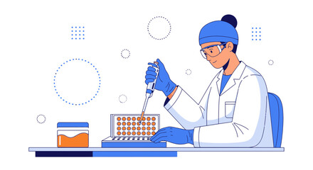 Scientist performing research with pipette and well plate in laboratory setting depicted in vector