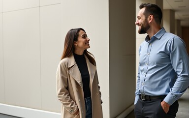 Man and woman standing by the wall and talking. High quality