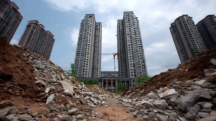 Towering skyscrapers rise amidst the rubble and debris of an ongoing urban development project in a densely populated city