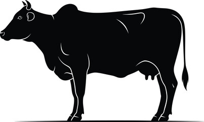 Black cow silhouette grazing in mountain landscape, minimalist vector illustration, rural agriculture concept, farm animal design, 