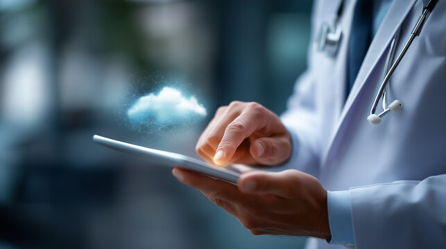 Electronic health records management: Doctor managing EHR and EMR on tablet with cloud storage integration digital healthcare technology cloud computing in medicine medical