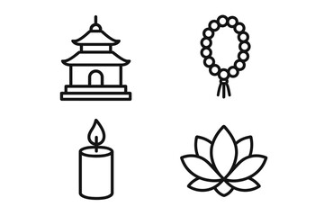 Minimalist icon set: pagoda, prayer beads, candle, lotus symbol