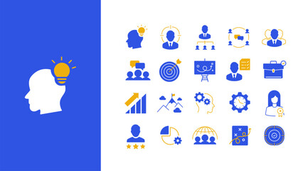Fototapeta premium Business management and leadership icon set. Collection of blue and yellow icons representing strategy, planning, teamwork, goal achievement, and communication. Flat vector illustration for corporate,