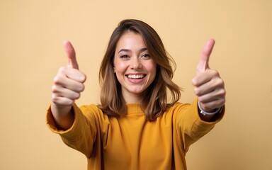 Woman holding two thumbs up into the air. High quality
