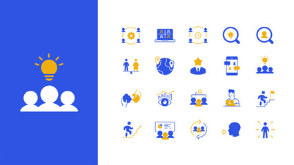 Fototapeta premium Business and human resources icon set. Collection of blue and yellow icons about teamwork, leadership, recruitment, communication, and career growth. Flat vector illustration for management, HR, and c