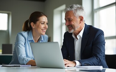 Fototapeta premium Business team of two executives working together using laptop in office. Happy young business woman manager showing project presentation to mature man client, investor or partner at work meeting.