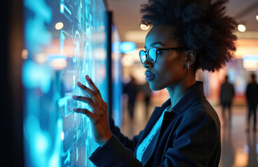Black woman in glasses interacts with glowing digital interface on large screen. She uses touch screen, gestures to select info in modern public space. Tech displays bright data.