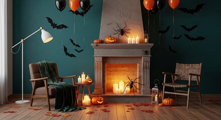 Halloween decorations pumpkins bats fireplace cozy interior