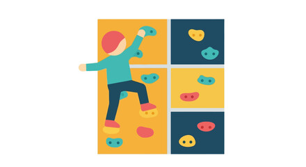 Illustration of a child climbing a colorful indoor rock climbing wall design fun activity