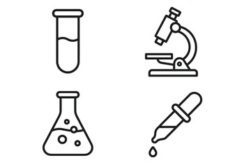Outline icons of test tube, microscope, beaker, and dropper for science concepts