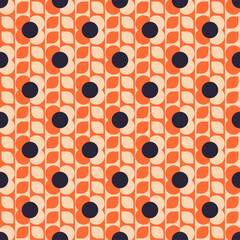 Retro-style floral pattern. The design consists of alternating vertical columns of orange flowers with dark navy centers and beige leaves.