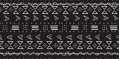 Black and white mudcloth pattern. The pattern consists of horizontal rows of geometric shapes and symbols. The shapes include triangles, arrows, dots, lines, and wavy lines.