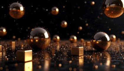 Golden metallic 3D spheres and cubes abstract futuristic background