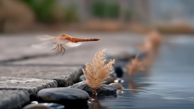 A dragonfly in mid-flight hovers above a still water surface. Dry reeds and stones are in the foreground, with a blurred background