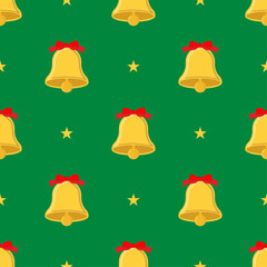 Christmas golden bell with a red ribbon seamless pattern, festive background