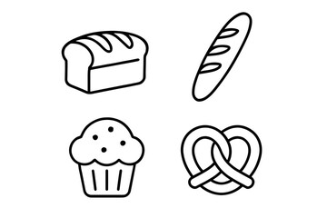 Outline icons of baked goods featuring bread, baguette, cupcake, and pretzel